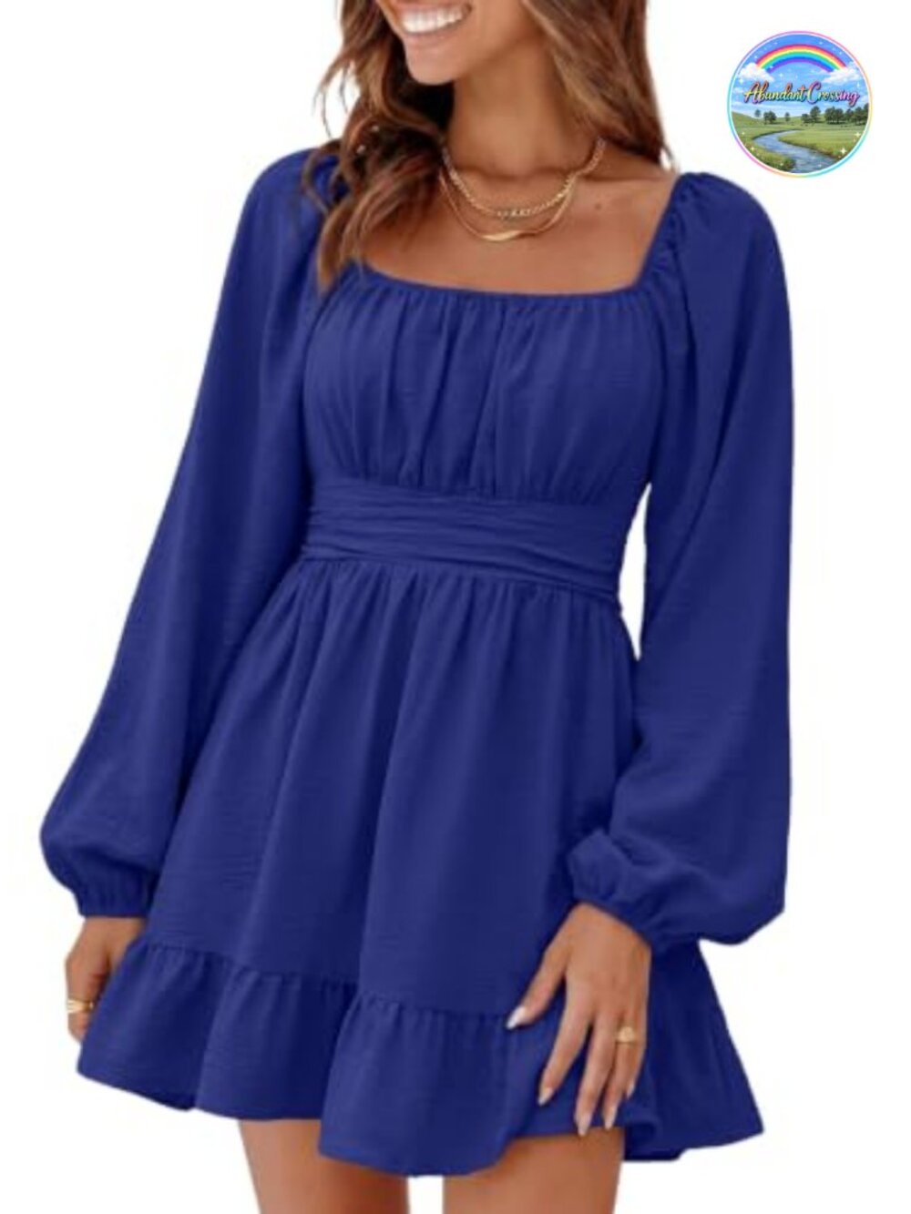 Womens Square Neck Lantern Sleeve Mini Dress Tie Backless Smocked Waist